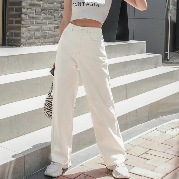 White Casual Womens Wide Leg Jeans